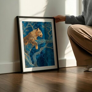 Leopard Wall Art, Blue Jungle Print, Gold Botanical Safari Canvas
