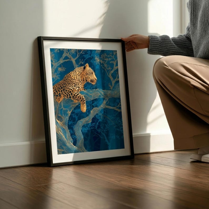 Leopard Wall Art, Blue Jungle Print, Gold Botanical Safari Canvas