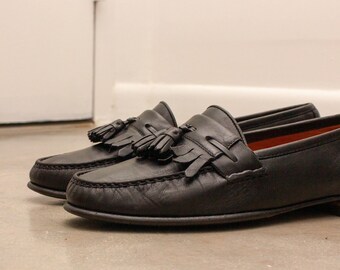 Salvatore Ferragamo Mens Black Leather Kiltie Tassel Loafers Shoes size 11D