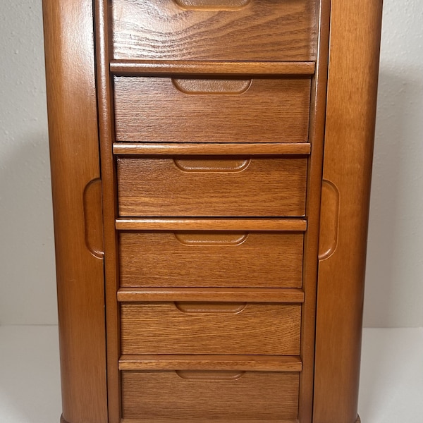 Vintage Tall Solid Wood Jewelry Chest Box 5 Drawers 2 Doors Mirror 18"