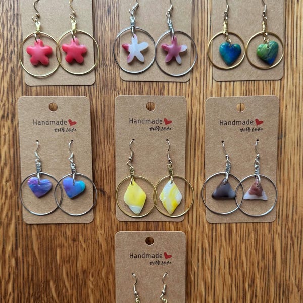 Hand Made - Small Dangle Drop Upcycled Melted Plastic Earrings Inside Gold or Silver Circle Hoops