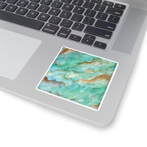 Tropikalny Aqua Shimmer Marbled Akwarela Malarstwo - Naklejki Kwadratowe