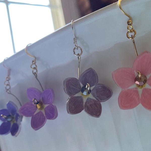 Hand-Drawn Custom - Pick Your Own Color - Dangle Forget-Me-Not Shrinky Dink Flower Earrings - Made To Order