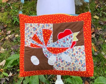 Hand-Stitched Vintage Patchwork Chicken, Hen, Eggs Quilted Crossbody Bag