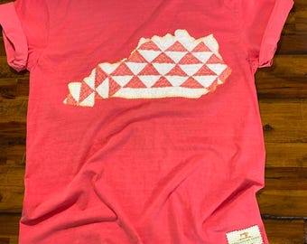 Large Vintage Coral and Mustard Patchwork Quilt Kentucky Tee