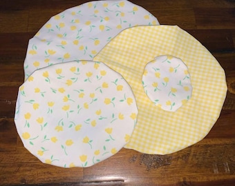 Vintage Yellow Tulip and Gingham Reversible 4 Piece Bowl Cover Set.