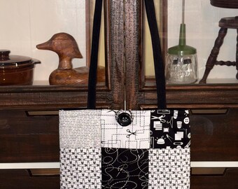 Black and White Patchwork Quilted Sewing Crafting Tote
