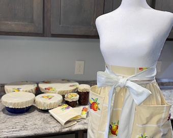 Upcycled Fruit Tablecloth Kitchen Set: Handmade Apron, Tea Towels, Bowl & Jar Covers