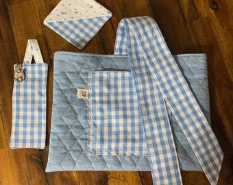 Blue & White Gingham Plaid Quilted Book Sleeve Gift Set