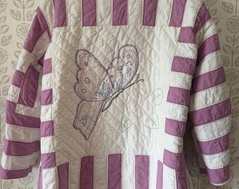 Large Vintage Purple and White Hand-Embroidered Butterfly and Rose Quilt Coat
