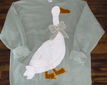 Large Sage Green Hand-Stitched Vintage Patchwork Goose Shirt