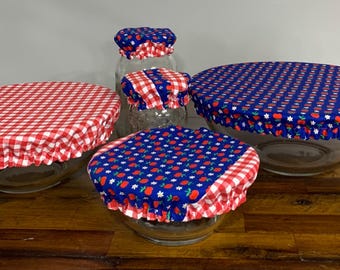 5 Piece Reversible Patchwork Red Gingham & Apple Print Bowl Cover Set