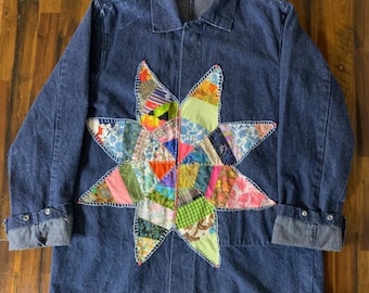 Hand-Stitched Upcycled Vintage Star Quilt Piece Jean Jacket
