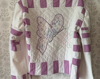 Large (Denim) Vintage Purple and White Hand-Embroidered Butterfly and Rose Quilt Coat