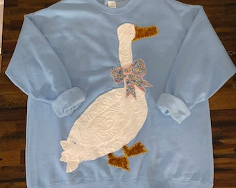 XL Light Blue Hand-Stitched Vintage Patchwork Goose Shirt