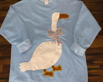 Large Light Blue Hand-Stitched Vintage Patchwork Goose Shirt