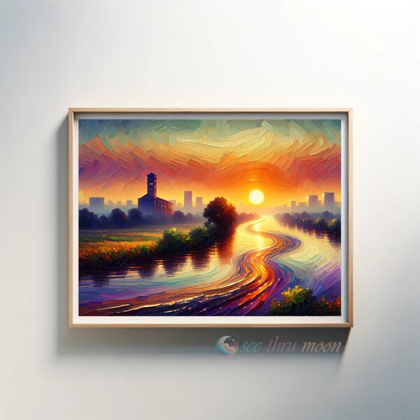 Traditional buildings by a winding river at sunset, oil on canvas (2 images)