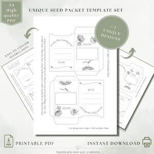 May include: Printable seed packet template set with three unique designs. Each design features a black and white illustration of a plant and the words "From the Garden Of", "Year", and "Seeds".