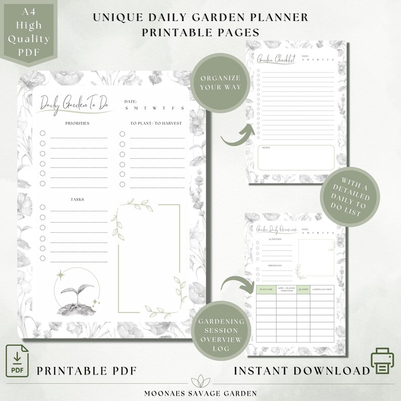 Hand-drawn Garden Planner: Daily Checklist &amp; Log Printable Pages (A4 ...