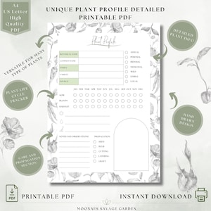 Tarjeta de perfil de planta imprimible / Página de perfil de planta botánica / PDF A4 y carta de EE. UU. / Página de diario de plantas / Página de planificador de jardín imprimible /