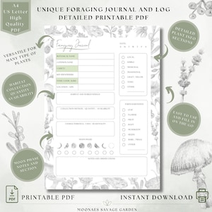 May include: Printable foraging journal and log with a botanical illustration of mushrooms, leaves, and flowers. The journal includes sections for recording the botanical name, common name, habitat, collection method, quantity, availability, characteristics, uses, seasonality, moon phase, notes and observations, and parts harvested. The journal is designed to be easy to use and fill in on the go.
