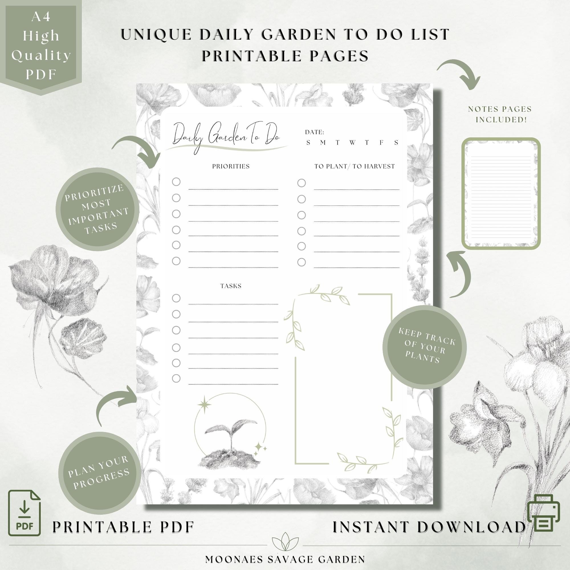 Hand-drawn Garden Planner: Daily Checklist &amp; Log Printable Pages (A4 ...