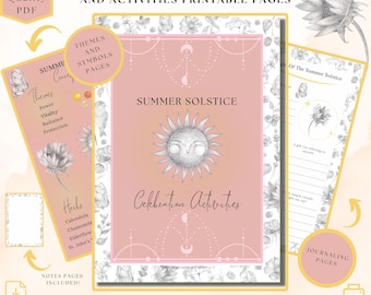Könnte beinhalten: Ein druckbares PDF-Journal mit rosa Umschlag, das eine Sonnenillustration und die Worte "Summer Solstice Celebration Activities" zeigt. Enthält Themen, Symbole, Kräuter und Journaling-Seiten. Der Text "Printable PDF" und "Instant Download" sind ebenfalls sichtbar.
