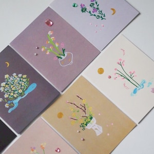 Tarjeta de felicitación de Ikebana dibujada a mano con cuentas de gemas, Feng Shui, estilo zen japonés, artesanías, papelería estética floral, arte floral, tarjeta botánica