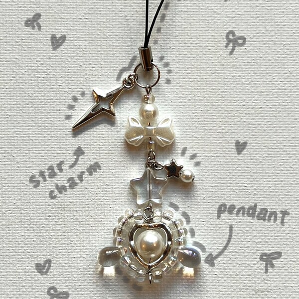 Handmade pearly coquette white minimalistic phone charm and keychain with bead wrapped heart pendant, Gift for her