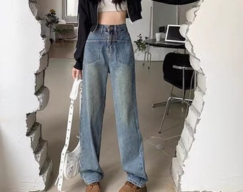 Hong Kong-style vintage wide-leg jeans high waisted and loose