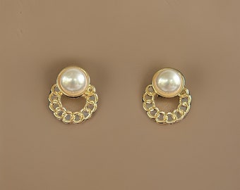 Gold Pearl Stud Hoop Earrings