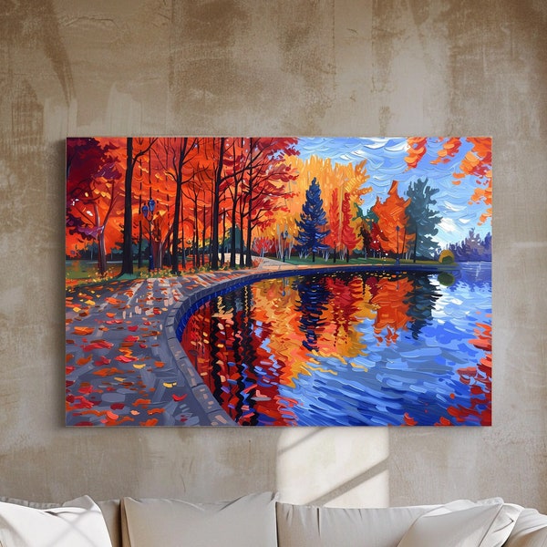 Colorful Autumn Painting, Modern Abstract Wood Lake, Warm Tree Leaves, Artistic Nature Reflections Poster, Home Decor Art, Commercial Use