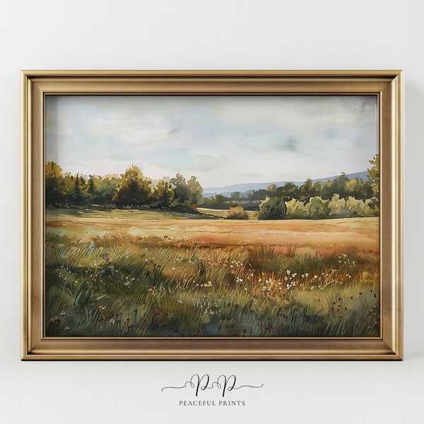 Autumn Landscape, Watercolor Painting, Printable Wall Art, Home Decor, Nature-Inspired Art, Country Field, Wildflower Field