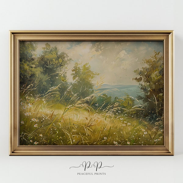 Nature oil painting print, summer landscape, printable wall art, Flower meadow, vintage style art, landscape print, home decor.