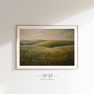 Oil painting digital print, rolling hills, wildflowers, rustic earth tones, nature inspired decor, landscape art, wall art, vintage painting