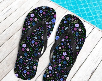 Flip-Flops Hübsche Blumen Schwarze Sandalen mit Blauen und Lila Blumen - Kostenloser Versand in die USA!