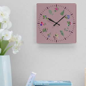 Botanical Acrylic Wall Clock Mauve - Home Decor, Floral Wall Art, Unique Gift, Kitchen Decor, Modern Decor, Nature Inspired Timepiece