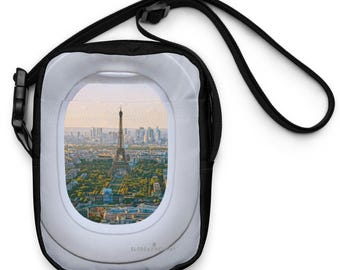 Bolso bandolera con imagen de París a través de la ventana del avión, bolso de escala para azafata - ¡Envío gratuito a EE. UU.!