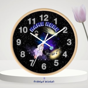 Personalized Space Wall Clock, Kid&#39;s Room Decor, Astronaut Clock, Rocket Theme, Custom Name Gift, Galaxy Wall Art