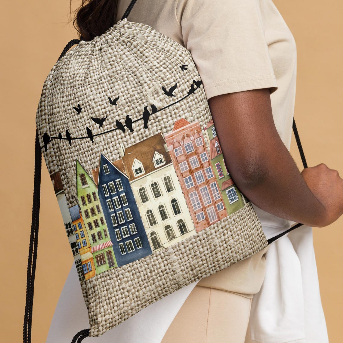 Birds on Wire Drawstring Bag Cute Houses Burlap Look - Free US Shipping ...