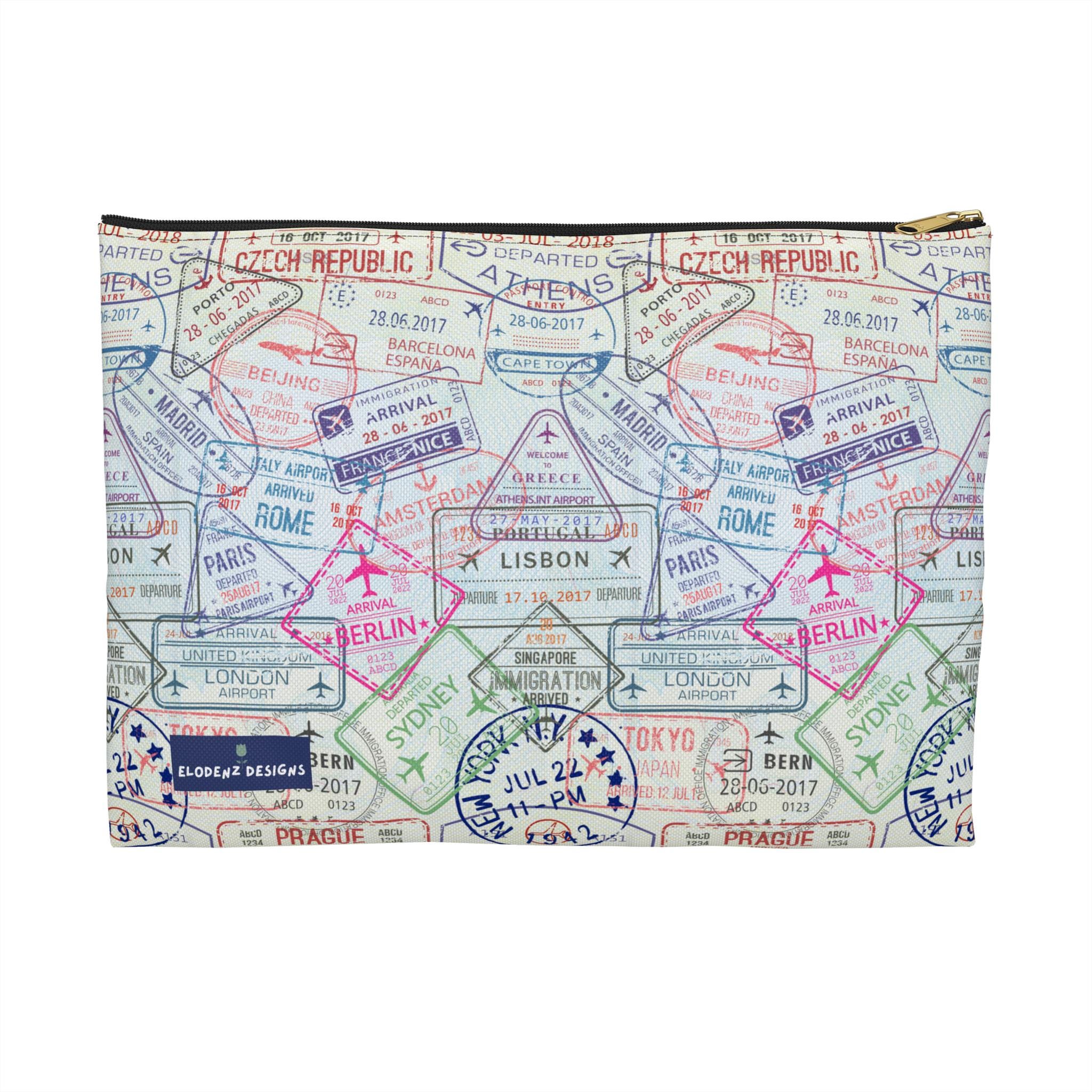Travel Accessories Pouch Passport Stamp Design, Flight Attendant or Adventurer Gift, Organizer Bag, International Stamps Design