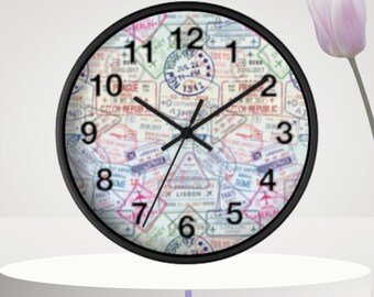 Wall Clock, Passport Stamp Design, Travel Adventure Home Decor