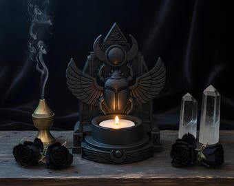 Winged Scarab Tealight Holder, Egyptian Gothic Decor with Eye of Horus, 12 cm