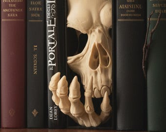 Skull Book Nook with Skeleton Hand, 17 cm Horror Diorama for Bookshelf, Gothic Decor Bone White