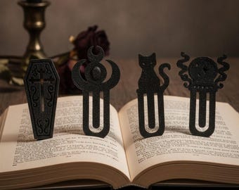 Gothic Bookmark Set of 4, Coffin Moon Crown Cat Crystal Ball, Black Clip-On Book Markers