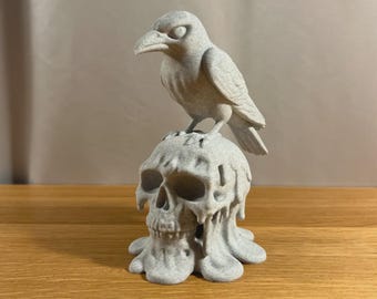Melting Skull with Raven Statue, Gothic Home Decor in Marble Look, 6 Inch Skull and Crow Figurine for Dark Academia
