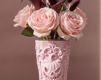 Gothic Pumpkin Vase in Black or Pink, Baroque Carved Face 22 cm Octagonal Halloween Decor Vase