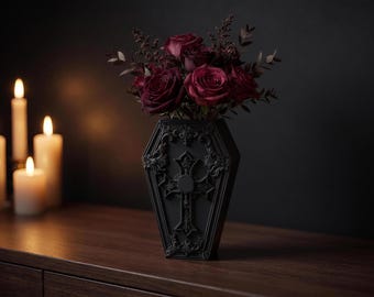 Vaso gótico em forma de caixão, na cor preta, com cruz e caveira, vaso decorativo de 19 cm com design octogonal.