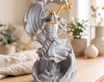 Estátua de Poseidon em mármore com detalhes em ouro, 28 cm, deus grego do mar.