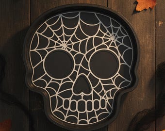 Skull Trinket Dish with Spiderweb Pattern, 7 in Halloween Jewelry and Candy Dish, Gothic Decor